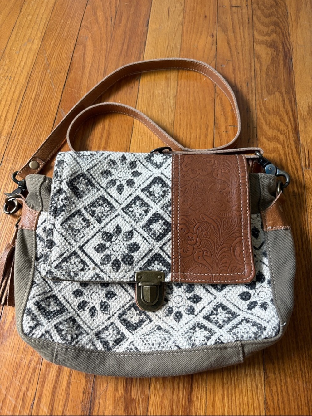 Myra Bag Wallet Crossbody Messenger Style Purse Floral Embossed Leather